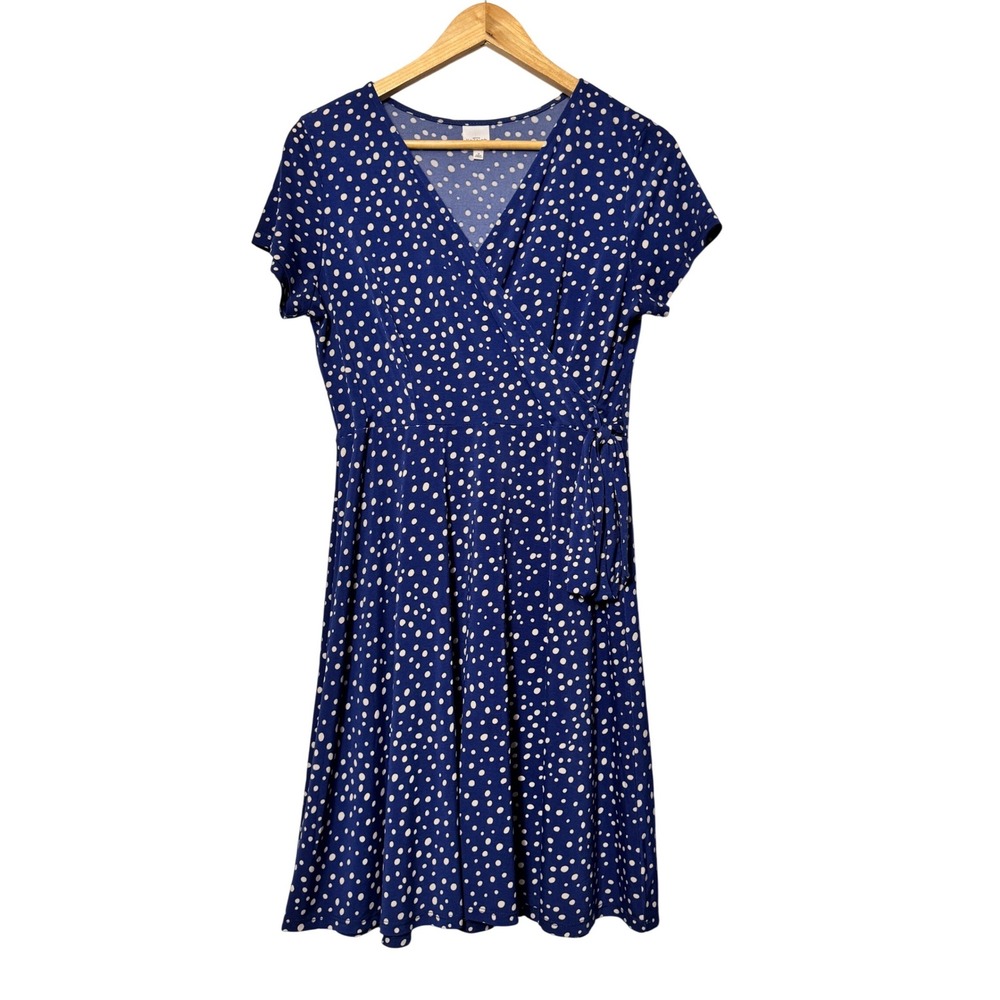 Kaileigh Womens Blue Polka Dot Faux Wrap Short Sleeve V-Neck Dress Size M